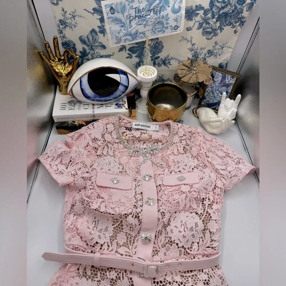 🆕 SELF-PORTRAIT 🧿 BNWOT Pink Lace Diamante Bow Midi Dress, Sz US 4 / UK 8 - Picture 2 of 16